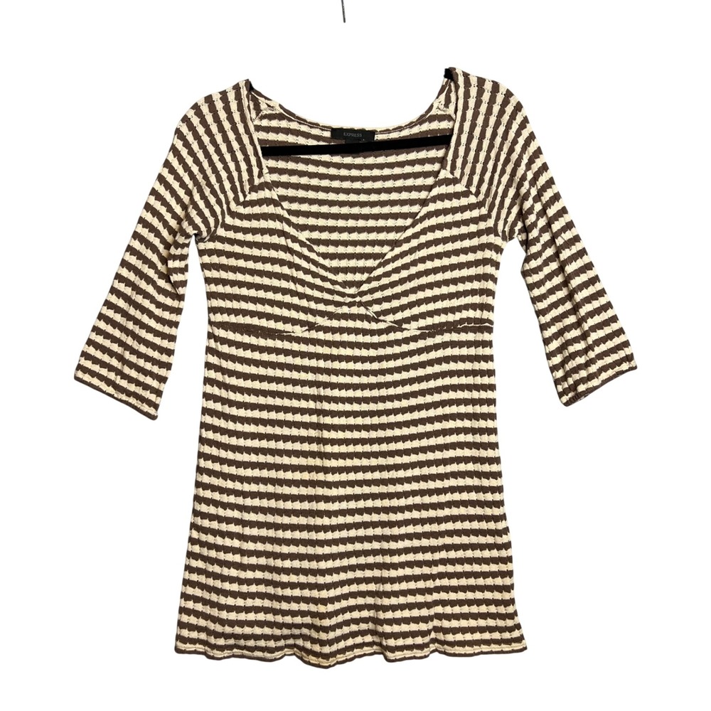 EXPRESS Y2K Babydoll Knit Top Size S ‎ Brown Beige Striped 3/4 Sleeve Longline